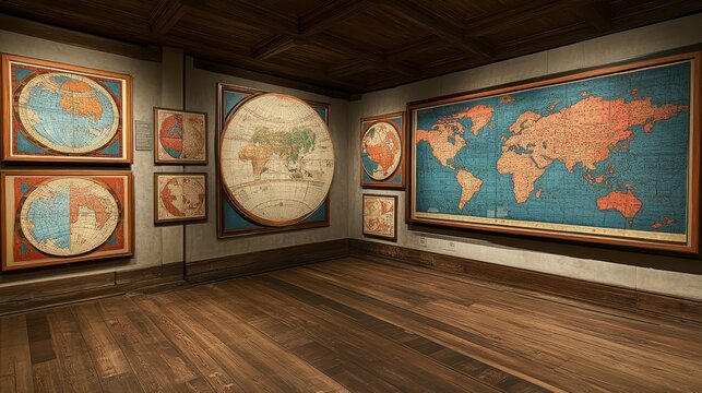 Antique world maps displayed in a wooden-floored gallery room. - Powered by Adobe