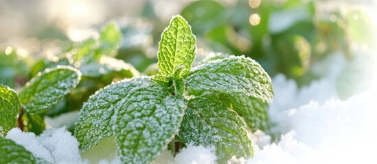 Mint leaves covered in frost during winter highlighting the beauty of nature in cold weather conditions.