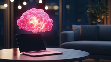 A glowing, pink cloud appears above a laptop on a table, set in a cozy room with warm lighting, suggesting creativity or ideas in a digital space.