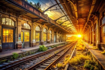 Fototapeta premium Abandoned Long Island Rail Road Station: Golden Hour 3D Render