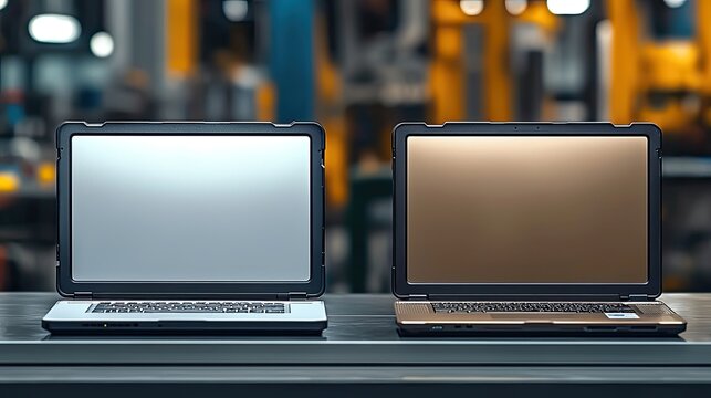Two laptops on a table, one with a silver screen and the other with a brown screen, set against a blurred industrial background.