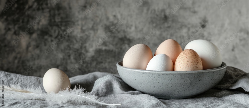 Poster naturally dyed eggs in a ceramic bowl on a textured gray tablecloth with feathers creating a rustic 
