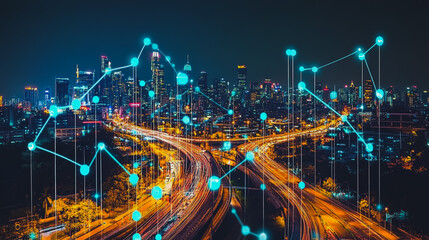 Fototapeta premium Abstract businesswoman stands on the peak of success Smart digital city with connection cyber security network reciprocity over the cityscape future wireless digital city and social media networking