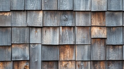 Weathered wooden shingles with rich textures and tones, perfect for backgrounds in graphic design and digital art projects.