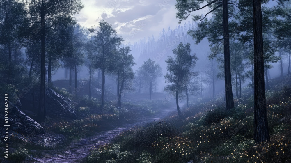 Poster mystical forest landscape at dawn with fog and towering trees in a serene mountain environment