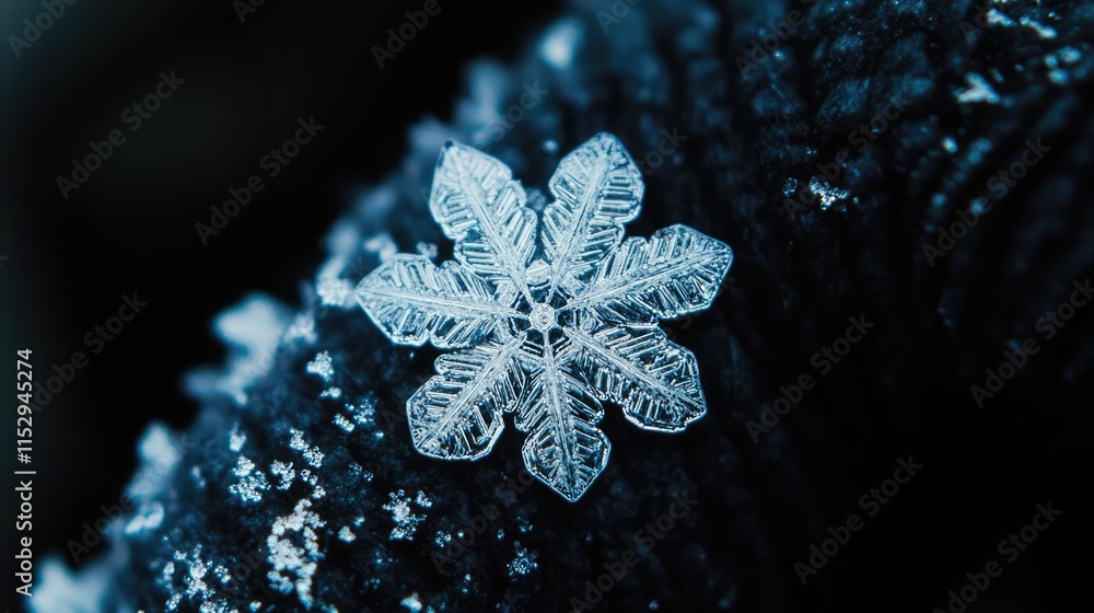Poster intricate close-up of a natural snowflake on a dark surface showcasing detailed ice crystals and fro