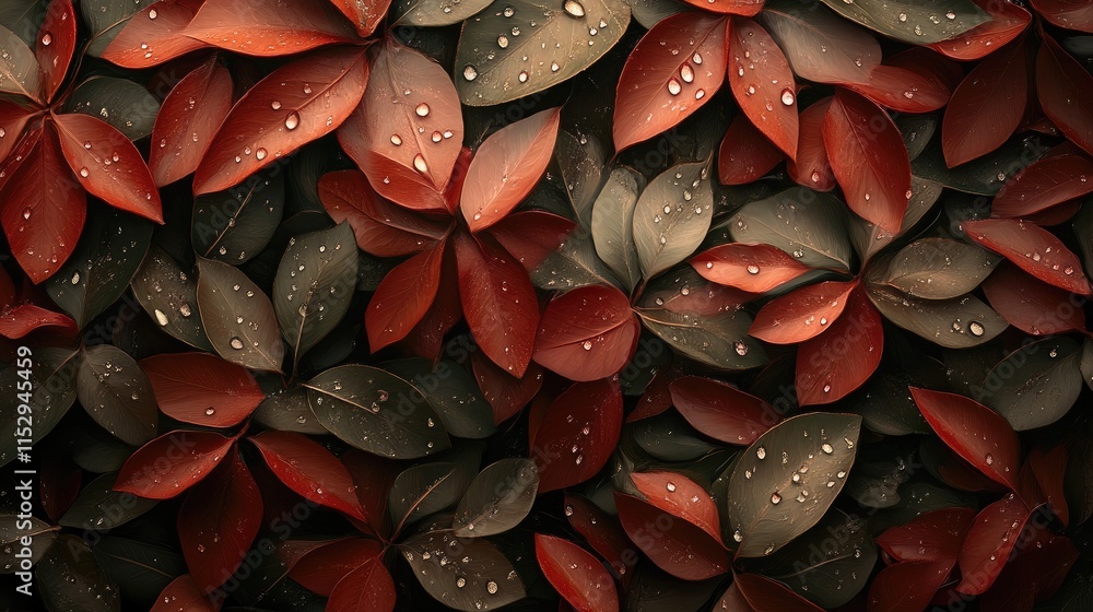 Poster abstract close-up of vibrant leaves with water droplets creating a natural composition showcasing te