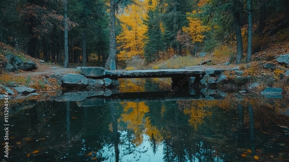 Poster autumn serenity tranquil lake with wooden bridge and forest reflection creating a peaceful scene alo