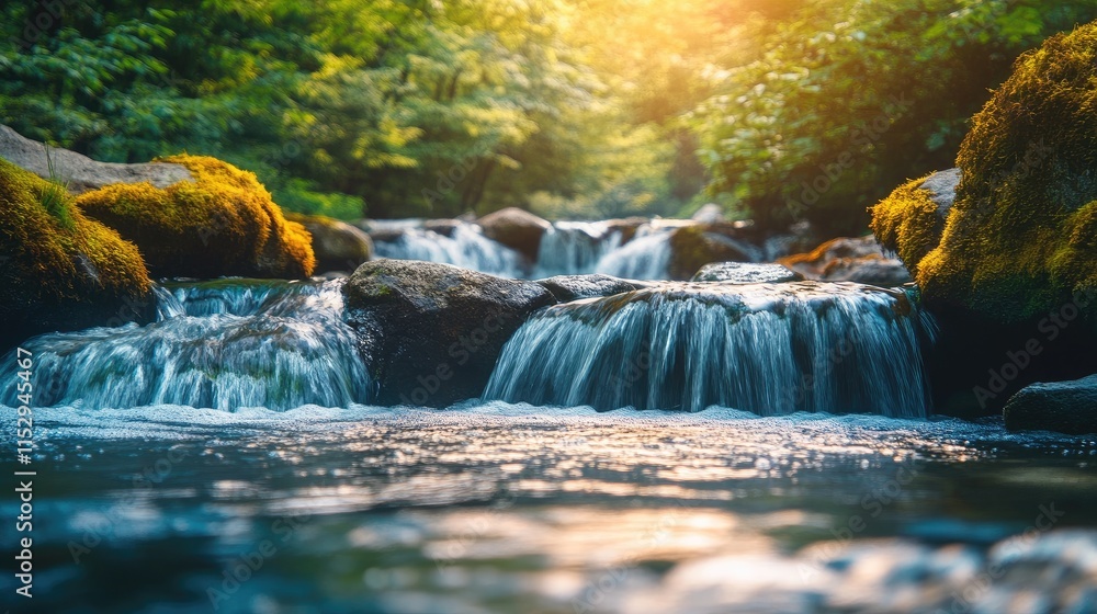 Poster serene flowing river with lush greenery and sunlight filtering through trees creating a tranquil nat