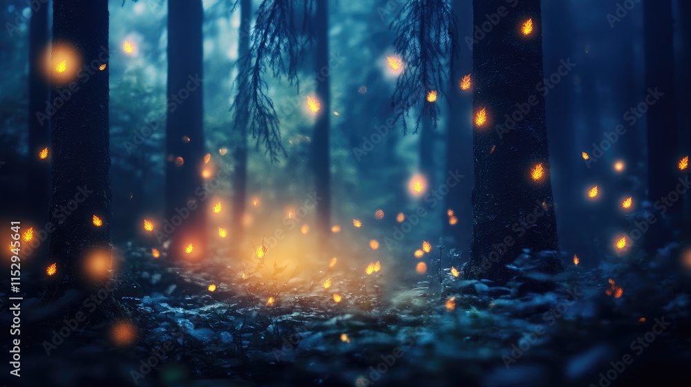 Poster mystical forest with glowing lights and blurred trees creating an enchanting and serene natural atmo