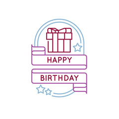 Obraz premium Simple Logo with Happy Birthday icon. Simple Logo with a wrapped gift box, stars, and a ribbon with Happy Birthday text. Perfect for greeting cards, or birthday-themed branding. Vector illustration.