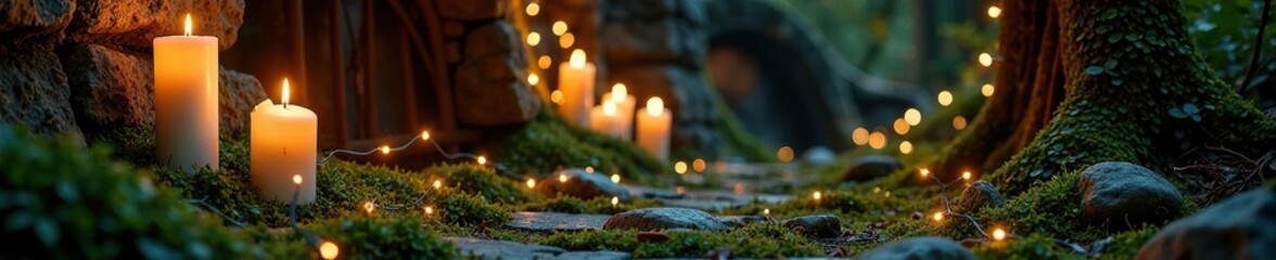 Candles and fairy lights adorn a mossy stone wall, stone, fairy lights
