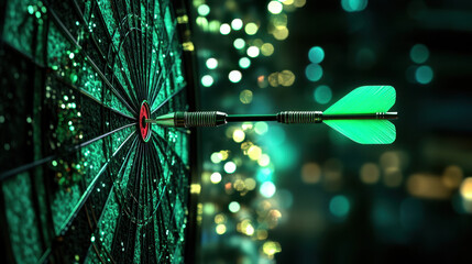 vibrant dartboard with green dart hitting bullseye, surrounded by blurred, colorful background, creates exciting atmosphere for darts tournament
