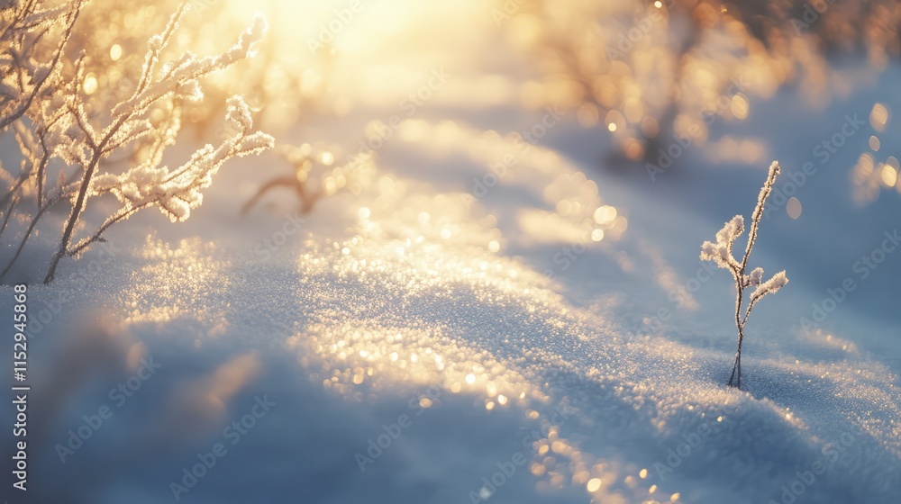 Poster glittering snow landscape illuminated by sunlight with delicate frost on the ground and soft shadows