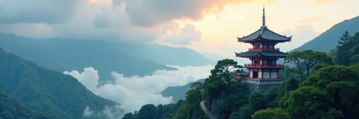 Fototapeta premium Cloudy sky casts a serene shade over a pagoda in the mountains, nature, misty, clouds