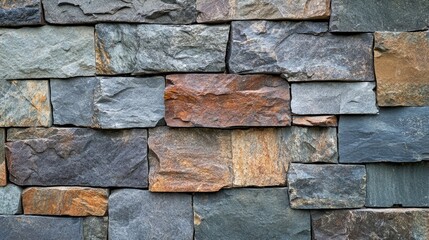 Textured natural stone wall in various colors creating a rustic background for interior or exterior design and architectural projects