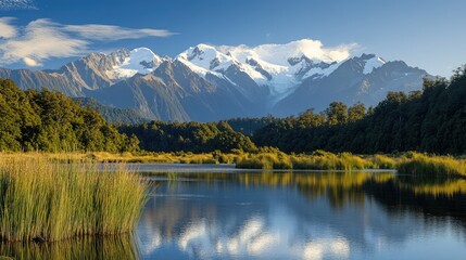 Fototapeta premium Majestic landscape of a nature reserve with snow-capped peaks and serene valleys reflected in a tranquil lake surrounded by lush greenery