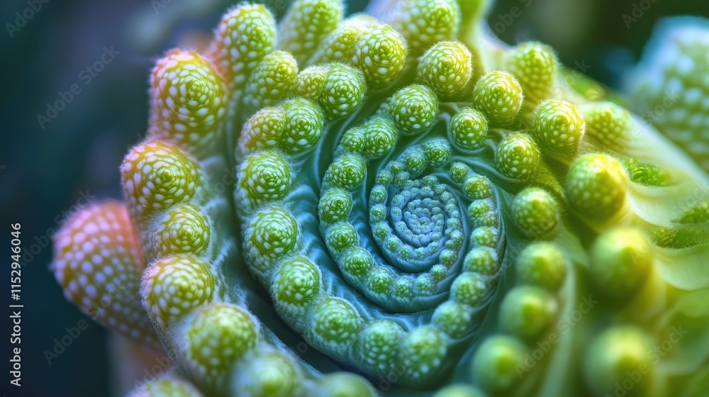 Poster intricate close-up of a vibrant green spiral pattern in nature showcasing detailed textures and orga