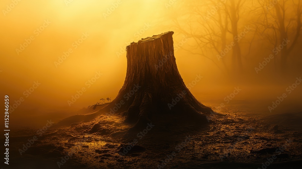 Poster silhouette of a decayed beech tree stump in a foggy nature reserve creating a mystical and serene at
