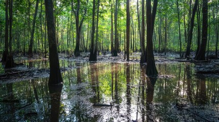 Obraz premium Lush forest ecosystem reflecting natural water retention in a serene wetland environment showcasing biodiversity and tranquility.