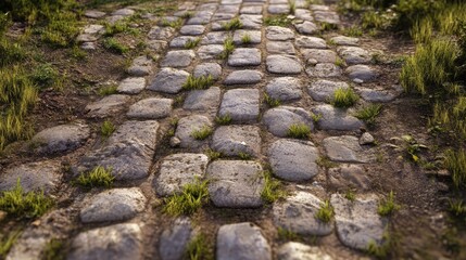 Cobblestone path with grass growing between stones in a natural setting showcasing textures and rustic charm
