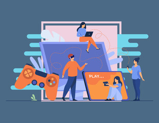 Gamers using different devices and playing on mobile phone, tablet, laptop, console. People enjoying VR 3G games. Vector illustration for cross play, game hardware concepts © SurfupVector