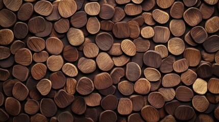 Natural walnut wood texture background featuring an abstract arrangement of circular walnut slices in various shades of brown
