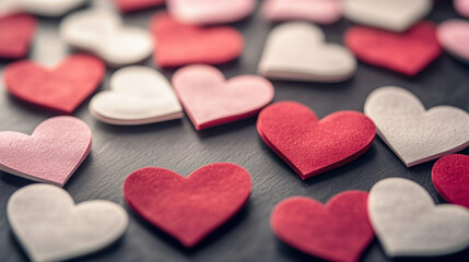 Obraz premium Colorful paper hearts in red, pink, and white scattered on dark surface create romantic and festive atmosphere, perfect for celebrations or decorations