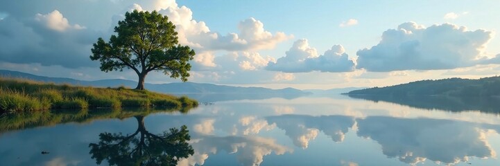 Fototapeta premium Cloudy sky reflects on the still waters below tree, clouds, sky, landscape