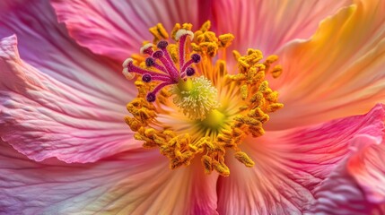 Vibrant macro shot showcasing intricate details of a colorful flower petals and stamens in nature's beauty.