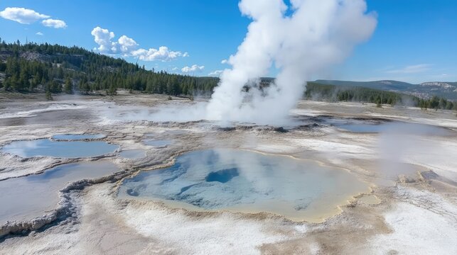 Natural geothermal features with steam from volcanic vents boiling mud pools and hot springs in a scenic landscape under a blue sky