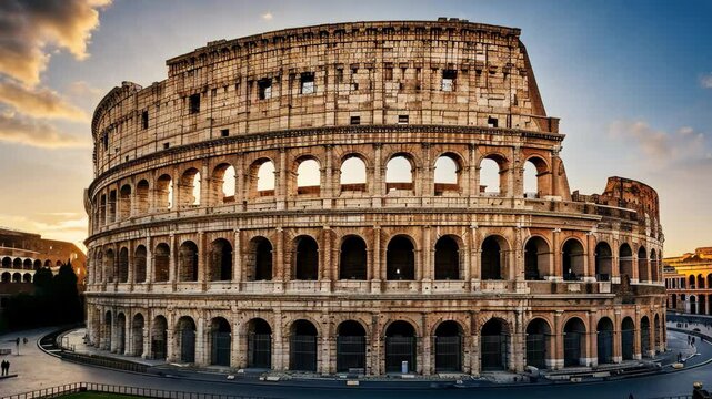 The sun casts its golden glow as it sets behind the iconic Colosseum in Rome, Italy, Ancient Roman colosseum under the setting sun