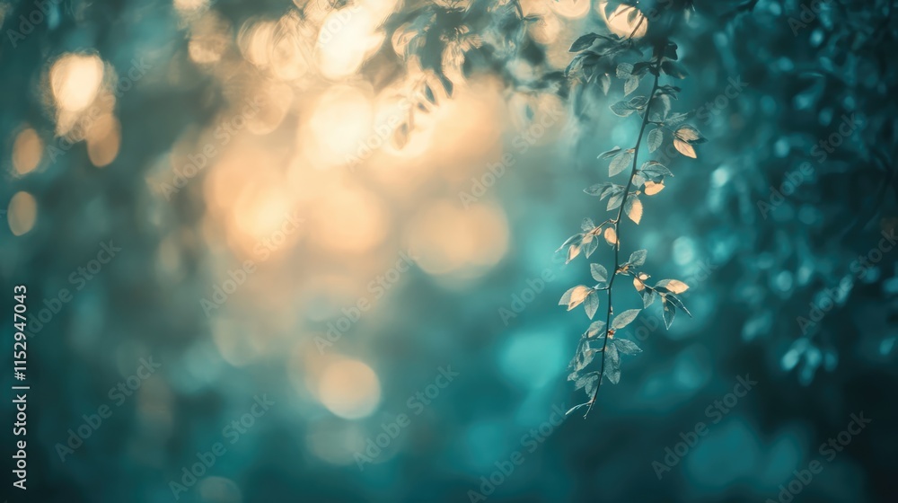 Poster soft focus natural wood textured background with delicate foliage and warm light bokeh creating an a
