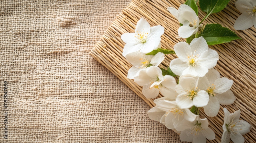 Poster delicate white flowers arranged on a natural wicker napkin with a soft textured background and ample