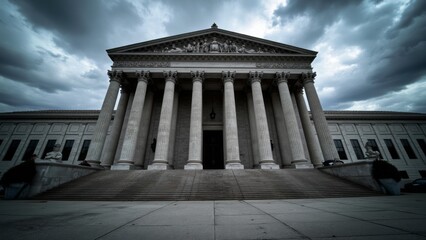 Obraz premium Dramatic courthouse exterior featuring towering stone columns and grand architecture, symbolizing justice, authority, and the importance of legal proceedings in society.