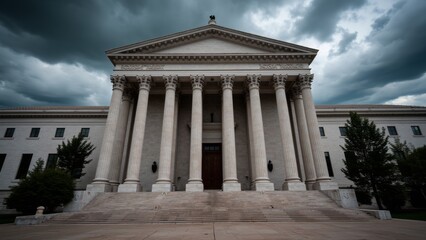 Obraz premium Dramatic courthouse exterior featuring towering stone columns and grand architecture, symbolizing justice, authority, and the importance of legal proceedings in society.