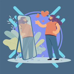 Happy narcissist girl looking at herself at mirror, admiring her beautiful reflection. Vector illustration for self love, proud, admiration, narcissism concept