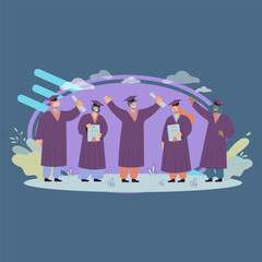 Happy graduated student standing and holding diplomas isolated flat vector illustration. Smiling guys and girls wearing academic gowns and graduation caps. College and university education concept