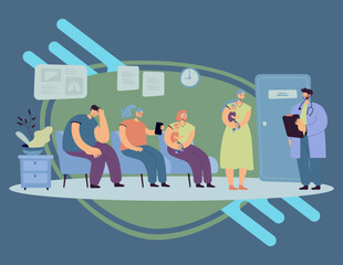 Group of patients waiting their turn at doctor office in clinic corridor. Moms with babies visiting therapist. Vector illustration for healthcare, medical service, visiting practitioner concept