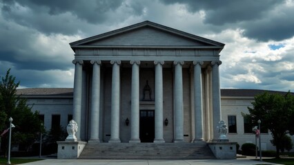 Fototapeta premium Dramatic courthouse exterior featuring towering stone columns and grand architecture, symbolizing justice, authority, and the importance of legal proceedings in society.