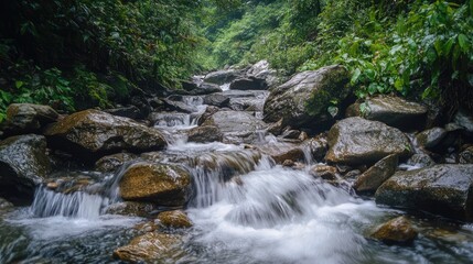 Scenic creek flowing through lush greenery in a mountainous landscape during an adventurous trekking experience