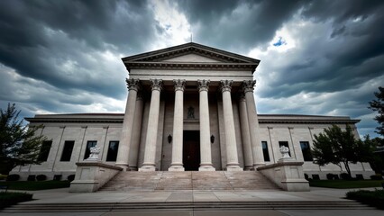 Obraz premium Dramatic courthouse exterior featuring towering stone columns and grand architecture, symbolizing justice, authority, and the importance of legal proceedings in society.