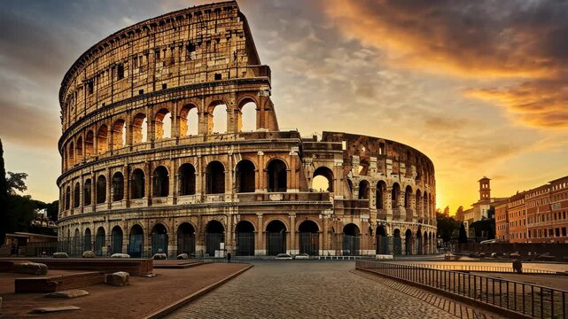 The video depicts the sun setting behind the Colosseum in Rome, casting a warm glow on the ancient architectural marvel, Ancient Roman colosseum under the setting sun