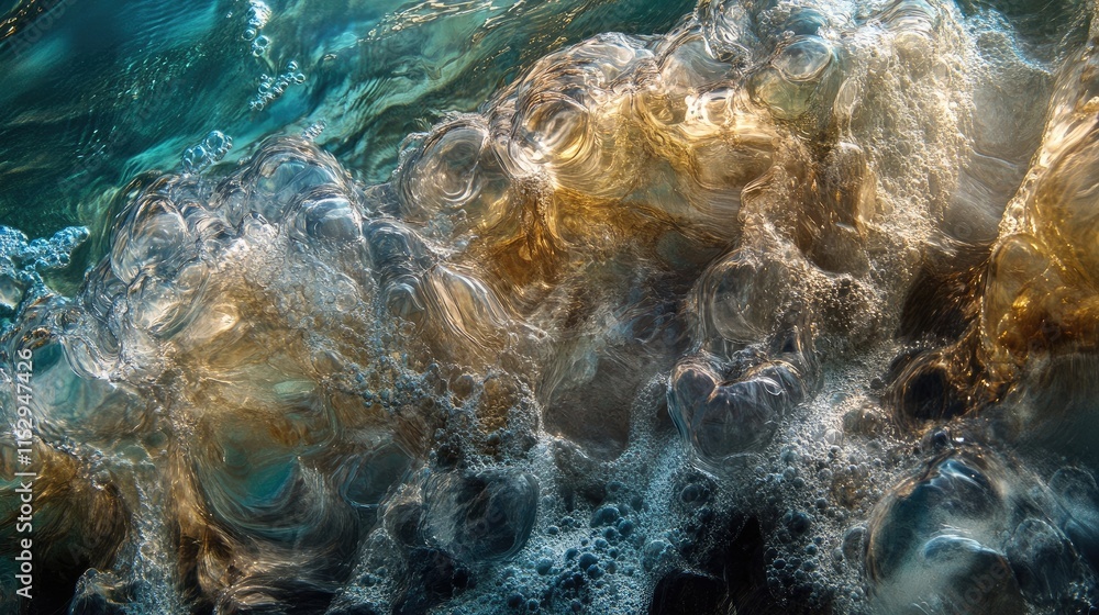 Poster closeup of shimmering ocean waves with intricate bubble patterns and reflections highlighting the be