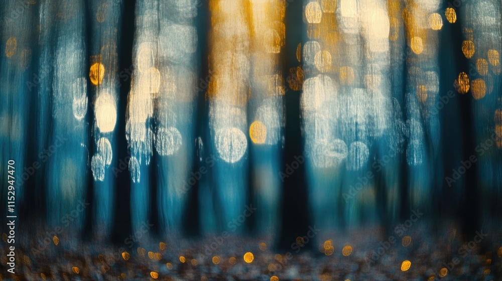 Poster abstract bokeh background showcasing blurred woodland scenery with soft light effects and trees crea