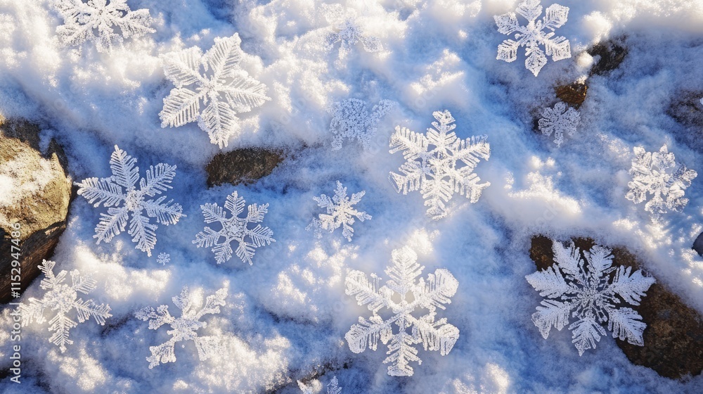 Poster delicate natural snowflakes resting on a soft layer of pristine snow in a serene winter landscape