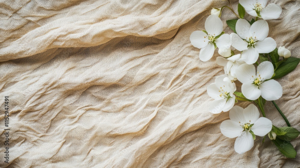 Poster delicate white flowers on textured beige fabric creating a serene and elegant background for design 