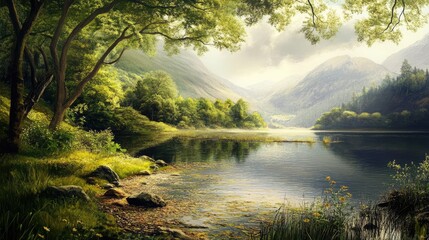 Fototapeta premium Serene Landscape with Lush Greenery and Calm Waters in the Lake District National Park