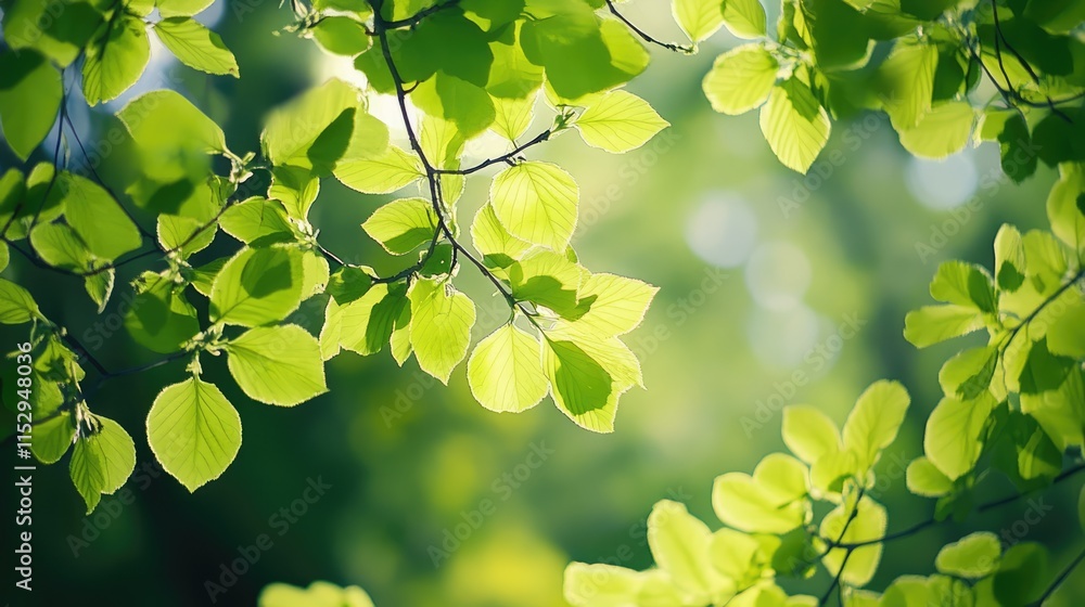 Poster vibrant green tree leaves creating a soft, natural background with delicate light patterns for a tra