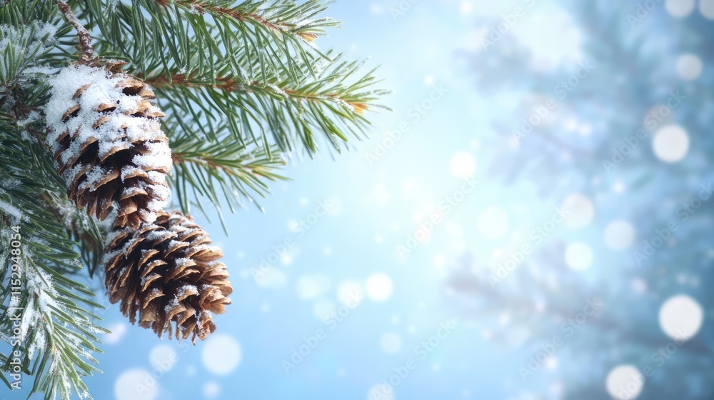Poster snowy spruce branch with cones against a soft blue background creating a serene winter atmosphere id